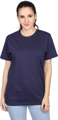 Zulements Solid Women Round Neck Dark Blue T-Shirt