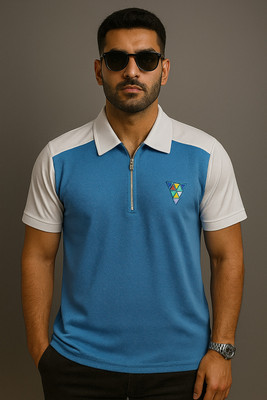 Ajmir Style Hub Colorblock Men Polo Neck Light Blue T-Shirt