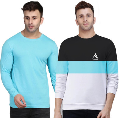 Kroptee Colorblock Men Round Neck Light Blue T-Shirt