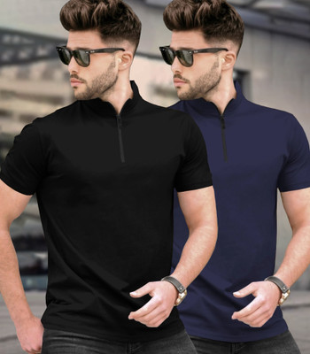TRIPR Solid Men Henley Neck Black, Navy Blue T-Shirt