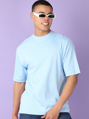 V-MART Solid Men Round Neck Light Blue T-Shirt