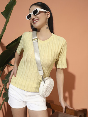 SOMVATI Self Design Women Round Neck Yellow T-Shirt