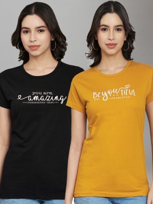 Trend Level Printed Women Round Neck Black, Yellow T-Shirt