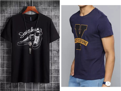 Pachirisu Printed Men Round Neck Black, Navy Blue T-Shirt