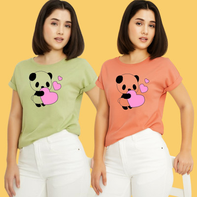 Kintu Parantu Printed Women Round Neck Green, Pink T-Shirt