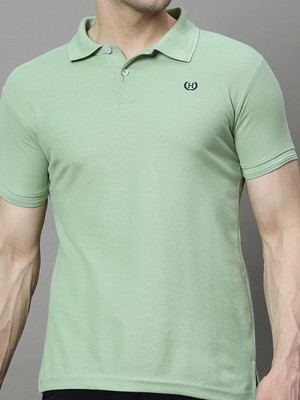 Hushbucks Solid Men Polo Neck Light Green T-Shirt