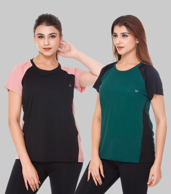White Moon Colorblock Women Round Neck Multicolor T-Shirt