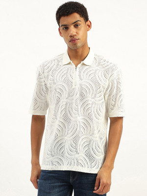 United Colors of Benetton Self Design Men Polo Neck White T-Shirt