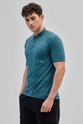 Snitch Self Design Men Polo Neck Blue T-Shirt