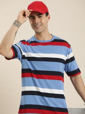 HERE&NOW Striped Men Round Neck Blue T-Shirt