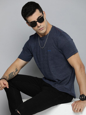 R.Code by The Roadster Life Co. Solid Men Round Neck Navy Blue T-Shirt