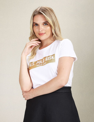 U.S. POLO ASSN. Typography Women Round Neck White T-Shirt