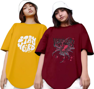R S Fashion Printed Women Round Neck Yellow, Maroon T-Shirt