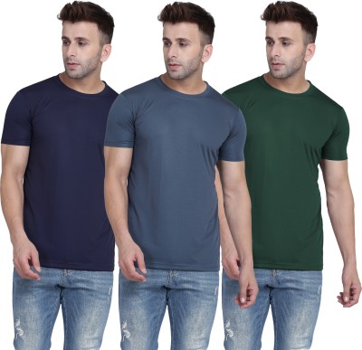 TQH Solid Men Round Neck Dark Blue, Dark Green, Grey T-Shirt