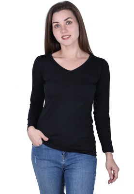 Fasska Solid Women V Neck Black T-Shirt