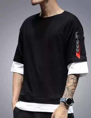 Design By Highlance Colorblock Men Round Neck White, Black T-Shirt