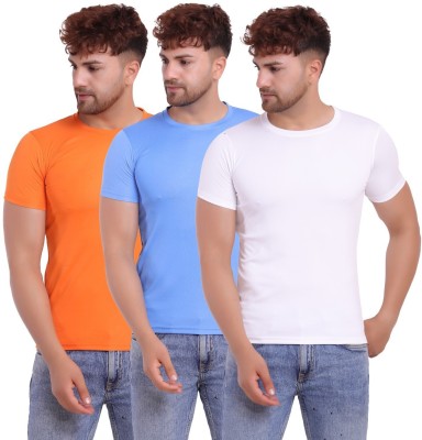 KASPY Solid Men Round Neck Light Blue, White, Orange T-Shirt