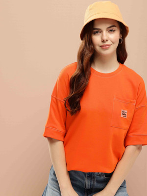 DIFFERENCE OF OPINION Solid Women Round Neck Orange T-Shirt