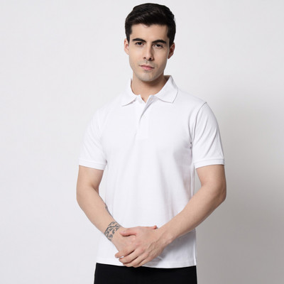 SLOWLORIS Solid Men Polo Neck White, Gold T-Shirt