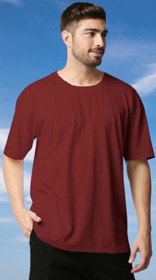 ZEBULUN Solid Men Round Neck Maroon T-Shirt