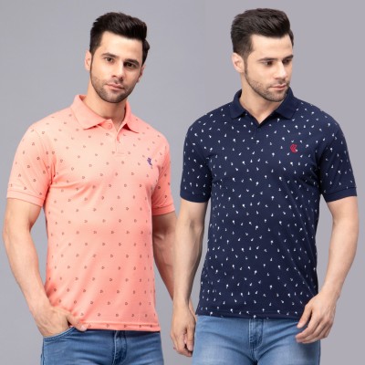 We Perfect Printed Men Polo Neck Pink, Blue T-Shirt