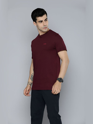 R.Code by The Roadster Life Co. Solid Men Round Neck Maroon T-Shirt