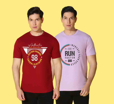 WOOSTRO Printed Men Round Neck Pink, Maroon T-Shirt