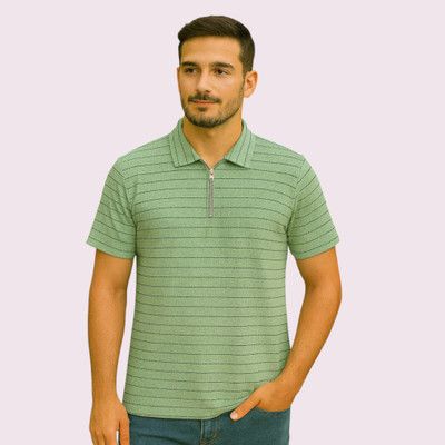 METRONAUT Striped Men Zip Neck Light Green T-Shirt