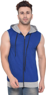 GEUM Solid Men Hooded Neck Blue T-Shirt
