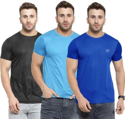 Le Werks Solid Men Round Neck Light Blue, Blue, Black T-Shirt