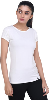 Laasa Sports Solid Women Round Neck White T-Shirt
