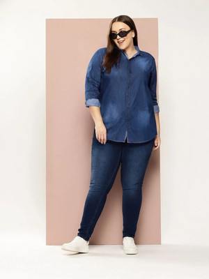 PP TRENDS Women Washed Casual Blue Shirt