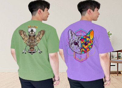Clothy Trend Printed Men Round Neck Green, Purple T-Shirt
