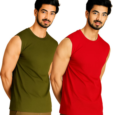 Jangoboy Solid Men Round Neck Dark Green, Red T-Shirt