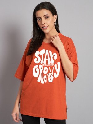 Stockton Printed Women Round Neck Orange T-Shirt