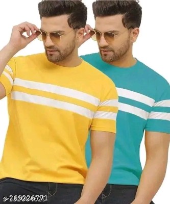 Denzolee Striped Men Round Neck Light Blue, Yellow T-Shirt