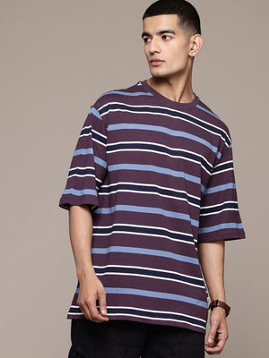 Roadster Striped Men Round Neck Brown T-Shirt