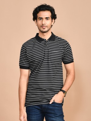 SKYKNIT Striped Men Polo Neck Black T-Shirt