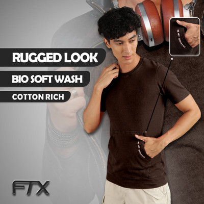 FTX Solid Men Round Neck Brown T-Shirt