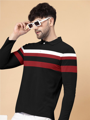 Dobuddy Striped Men Polo Neck Beige T-Shirt