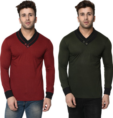 Adorbs Trend Colorblock Men Shawl Neck Dark Green, Maroon T-Shirt