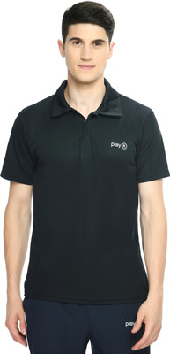 playR Solid Men Polo Neck Navy Blue T-Shirt