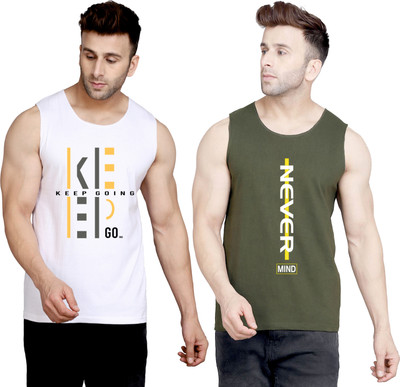 SLOWLORIS Printed Men Round Neck White, Dark Green T-Shirt