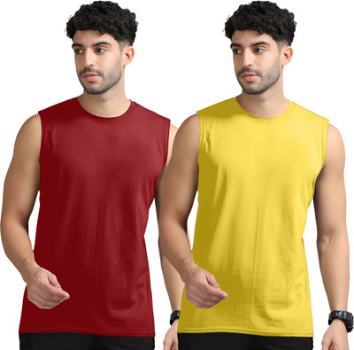 Adorbs Solid Men Round Neck Maroon, Yellow T-Shirt