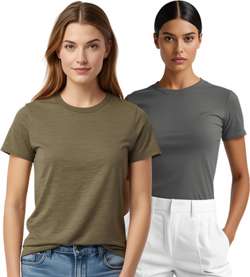 SHARXTRENDS Solid Women Round Neck Black, Grey T-Shirt