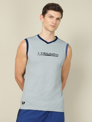 TECHNOSPORT Solid Men V Neck Silver T-Shirt