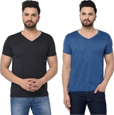 Tresna Fab Solid Men V Neck Dark Blue, Black T-Shirt