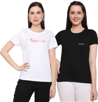 OUTFLITS Printed Women Round Neck Black, White T-Shirt