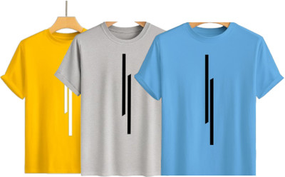 Misty Creation Printed, Self Design Men Round Neck Yellow, Grey, Light Blue T-Shirt