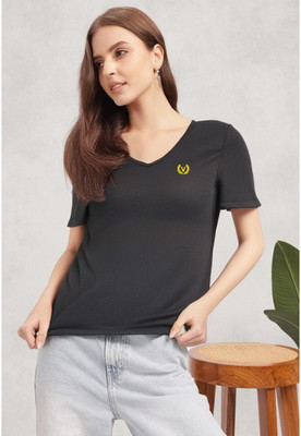 MACK JONNEY Solid Women V Neck Black T-Shirt